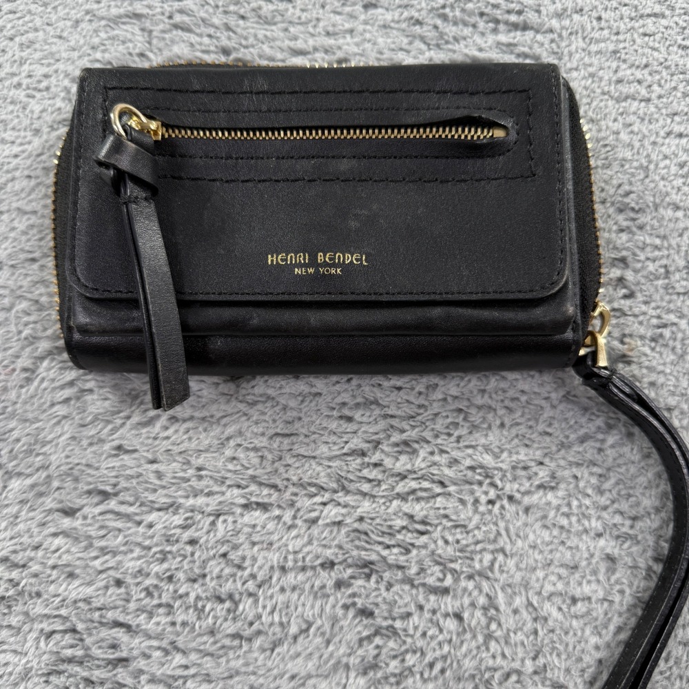 Henri Bendel Leather Wristlet Wallet Women OS Black Gold Zip Around Clutch